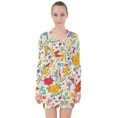 Colorful Flowers Pattern, Abstract Patterns, Floral Patterns V-neck Bodycon Long Sleeve Dress