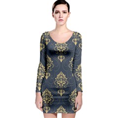 Floral Damask Pattern Texture, Damask Retro Background Long Sleeve Bodycon Dress