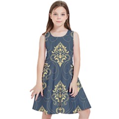 Floral Damask Pattern Texture, Damask Retro Background Kids  Skater Dress