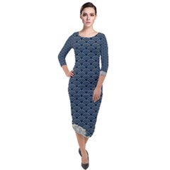 Kanagawa, Hokusai, Japanese Art, Quarter Sleeve Midi Velour Bodycon Dress