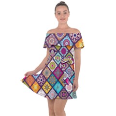 Pattern, Colorful, Floral, Patter, Texture, Tiles Off Shoulder Velour Dress