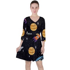 Space Cartoon, Planets, Rockets Quarter Sleeve Ruffle Waist Dress