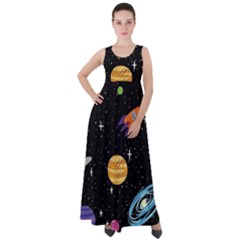 Space Cartoon, Planets, Rockets Empire Waist Velour Maxi Dress