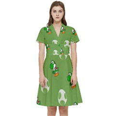 Yoshi Print, Super, Huevo, Game, Green, Egg, Mario Short Sleeve Waist Detail Dress