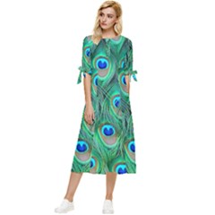 Peacock Feathers, Bonito, Bird, Blue, Colorful, Feathers Bow Sleeve Chiffon Midi Dress