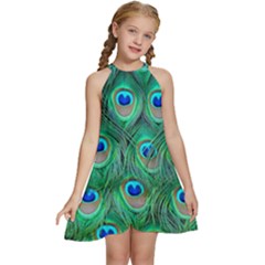 Peacock Feathers, Bonito, Bird, Blue, Colorful, Feathers Kids  Halter Collar Waist Tie Chiffon Dress