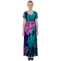 Flowers, Mate, Pink, Purple, Stock Wall High Waist Short Sleeve Maxi Dress