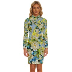 Background-flowers Long Sleeve Shirt Collar Bodycon Dress
