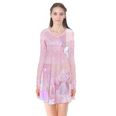 Pink Aesthetic, Clouds, Cute, Glitter, Hello Kitty, Pastel, Soft Long Sleeve V-neck Flare Dress