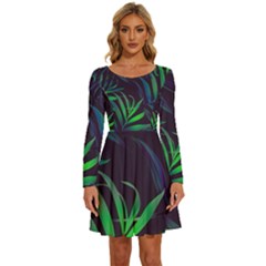 Tree Leaves Long Sleeve Wide Neck Velvet Dress