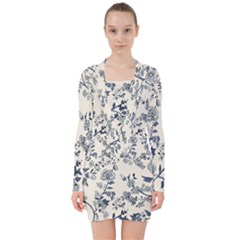 Blue Vintage Background, Blue Roses Patterns V-neck Bodycon Long Sleeve Dress