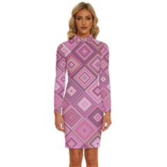 Pink Retro Texture With Rhombus, Retro Backgrounds Long Sleeve Shirt Collar Bodycon Dress