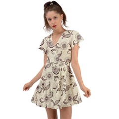 Retro Floral Texture, Light Brown Retro Background Flutter Sleeve Wrap Dress