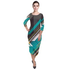 Material Design, Lines, Retro Abstract Art, Geometry Quarter Sleeve Midi Velour Bodycon Dress
