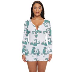 Creepy Monster Bird Drawing Motif Pattern Long Sleeve Boyleg Swimsuit by dflcprintsclothing