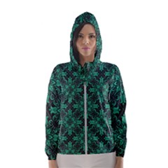 Green Damask Pattern Vintage Floral Pattern, Green Vintage Women s Hooded Windbreaker