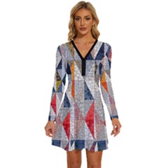 Mosaic, Colorful, Rhombuses, Pattern, Geometry Long Sleeve Deep V Mini Dress 