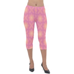 Fuzzy Peach Aurora Pink Stars Lightweight Velour Capri Leggings  by PatternSalad