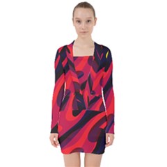Abstract Fire Flames Grunge Art, Creative V-neck Bodycon Long Sleeve Dress