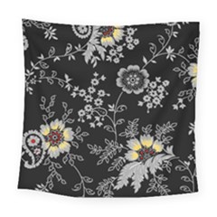 Black Background With Gray Flowers, Floral Black Texture Square Tapestry (large)