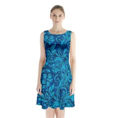 Blue Floral Pattern Texture, Floral Ornaments Texture Sleeveless Waist Tie Chiffon Dress