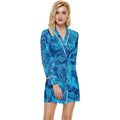 Blue Floral Pattern Texture, Floral Ornaments Texture Long Sleeve Satin Robe