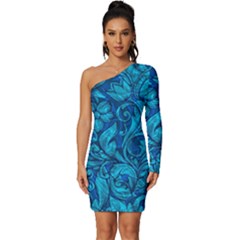 Blue Floral Pattern Texture, Floral Ornaments Texture Long Sleeve One Shoulder Mini Dress