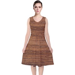 Brown Wooden Texture V-neck Midi Sleeveless Dress 