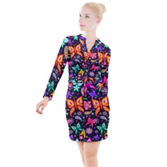 Floral Butterflies Button Long Sleeve Dress