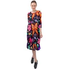 Floral Butterflies Ruffle End Midi Chiffon Dress