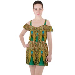 Peacock Feather Bird Peafowl Ruffle Cut Out Chiffon Playsuit by Cemarart