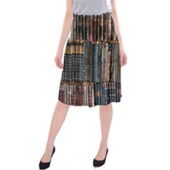 Assorted Title Of Books Piled In The Shelves Assorted Book Lot Inside The Wooden Shelf Midi Beach Skirt by Bedest