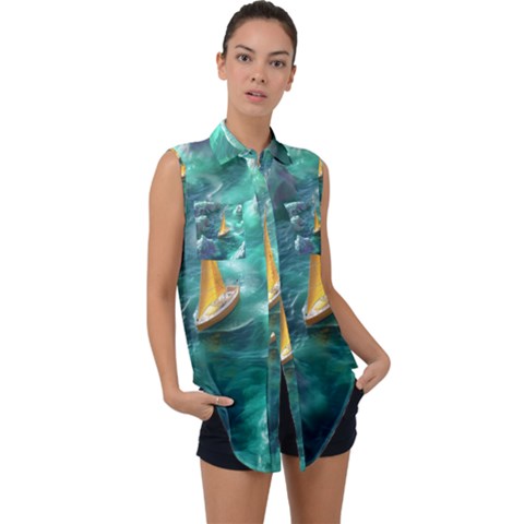 Seascape Boat Sailing Sleeveless Chiffon Button Shirt by Cemarart