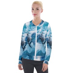 Dolphin Swimming Sea Ocean Velvet Zip Up Jacket by Cemarart