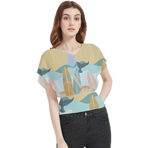 Beach Sea Surfboards Water Sand Drawing  Boho Bohemian Nature Butterfly Chiffon Blouse by Grandong