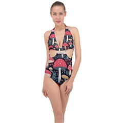 Mushrooms Psychedelic Halter Front Plunge Swimsuit