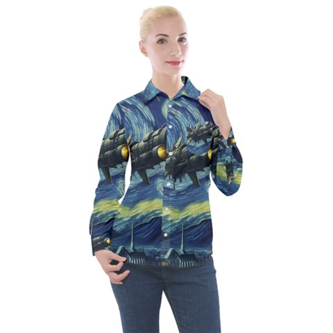 Spaceship Starry Night Van Gogh Painting Women s Long Sleeve Pocket Shirt by Maspions