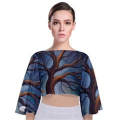 Tree Branches Mystical Moon Expressionist Oil Painting Acrylic Painting Abstract Nature Moonlight Ni Tie Back Butterfly Sleeve Chiffon Top by Maspions