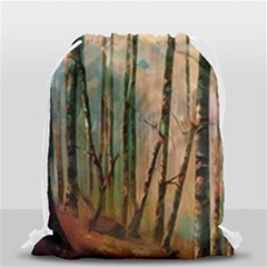 Woodland Woods Forest Trees Nature Outdoors Mist Moon Background Artwork Book Drawstring Bag (small) by Grandong