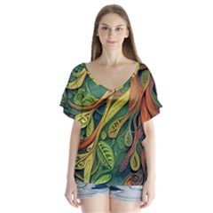 Outdoors Night Setting Scene Forest Woods Light Moonlight Nature Wilderness Leaves Branches Abstract V-neck Flutter Sleeve Top by Grandong