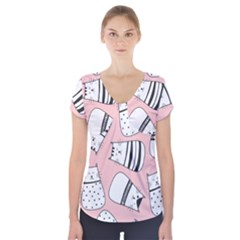 Cute Cats Cartoon Seamless-pattern Short Sleeve Front Detail Top