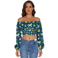 Cute Babies Toys Seamless Pattern Long Sleeve Crinkled Weave Crop Top by Apen