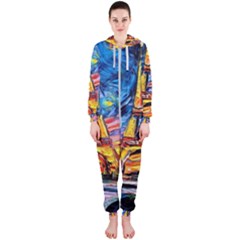 Eiffel Tower Starry Night Print Van Gogh Hooded Jumpsuit (ladies) by Maspions