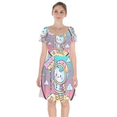 Boy Astronaut Cotton Candy Childhood Fantasy Tale Literature Planet Universe Kawaii Nature Cute Clou Short Sleeve Bardot Dress by Maspions