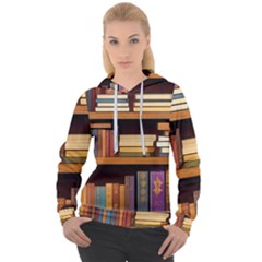 Book Nook Books Bookshelves Comfortable Cozy Literature Library Study Reading Room Fiction Entertain Women s Overhead Hoodie by Maspions