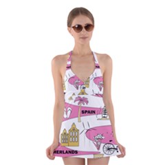 Roadmap Trip Europe Italy Spain France Netherlands Vine Cheese Map Landscape Travel World Journey Halter Dress Swimsuit  by Maspions