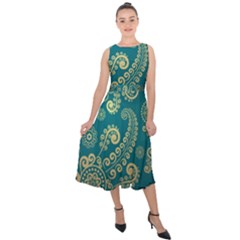 European Pattern, Blue, Desenho, Retro, Style Midi Tie-back Chiffon Dress