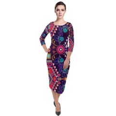 Pattern, Ornament, Motif, Colorful Quarter Sleeve Midi Velour Bodycon Dress
