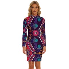 Pattern, Ornament, Motif, Colorful Long Sleeve Shirt Collar Bodycon Dress