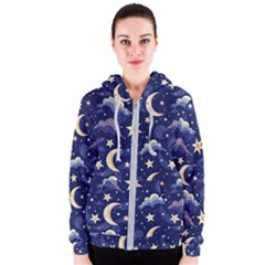 Night Moon Seamless Background Stars Sky Clouds Texture Pattern Women s Zipper Hoodie by Maspions